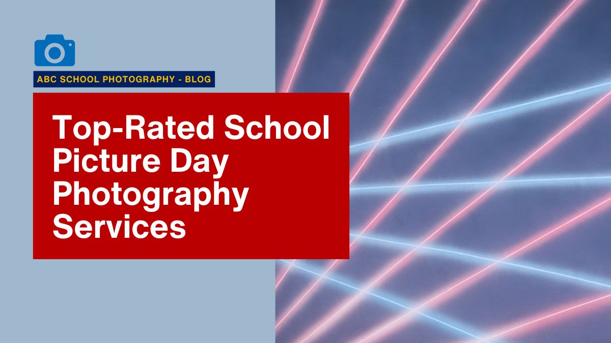 Promotional graphic for school picture day photography services by ABC School Photography, featuring retro laser background