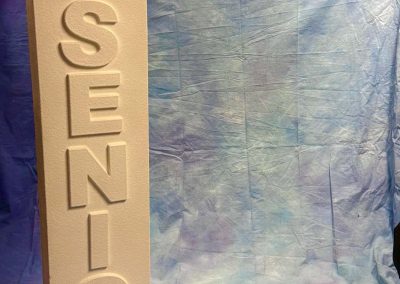 Senior graduation portrait with white Senior prop on blue backdrop by ABC School Photography