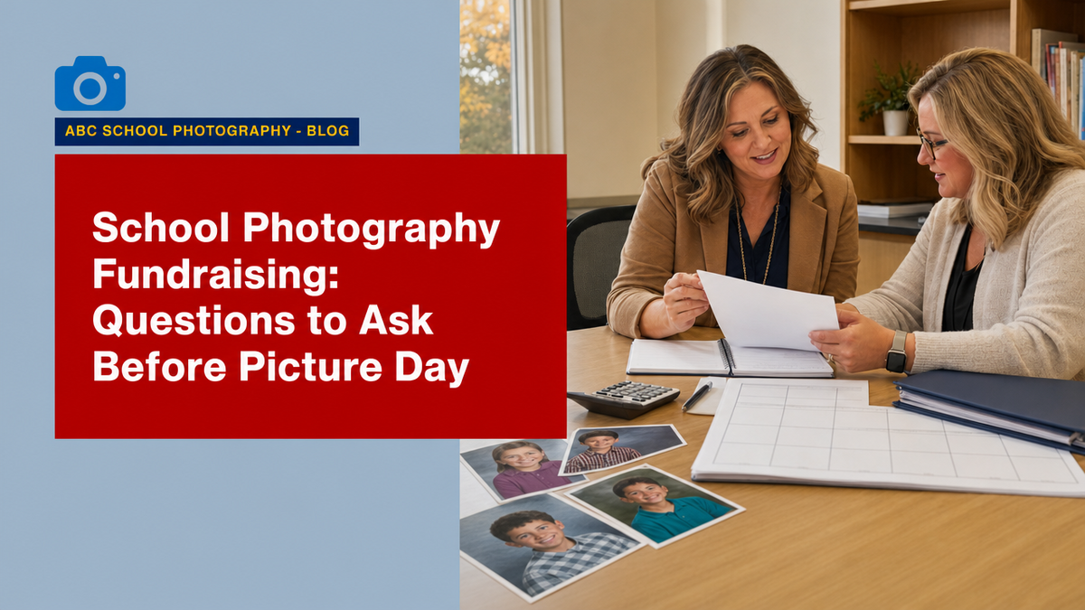 School Photography Fundraising: Questions to Ask Before Picture Day Two women review paperwork beside school portraits and a fundraising headline.